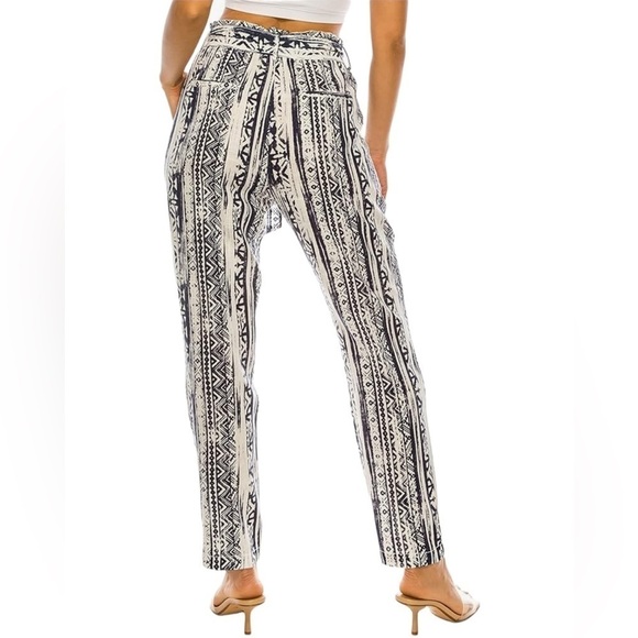 Cali1850 XS Women's Blue and White Aztec Bohemian Paper Bag Linen Pants R6 - Picture 3 of 8